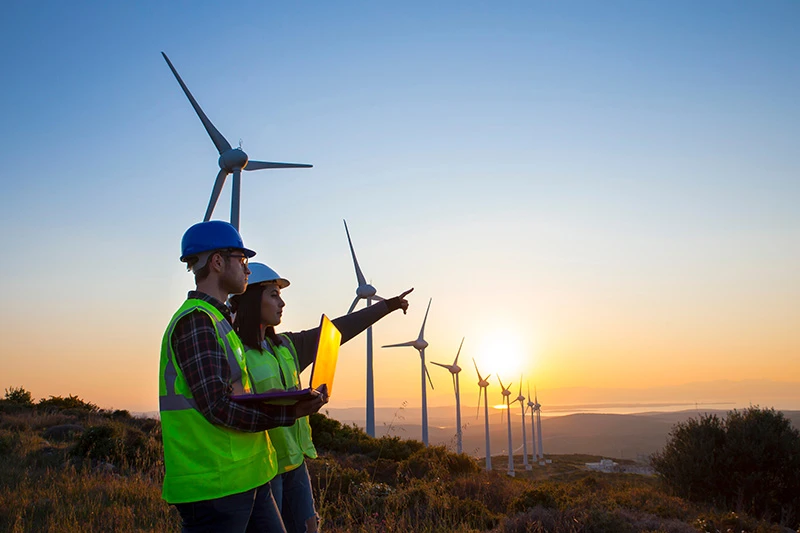 Two employees standing next to wind turbines at sunset